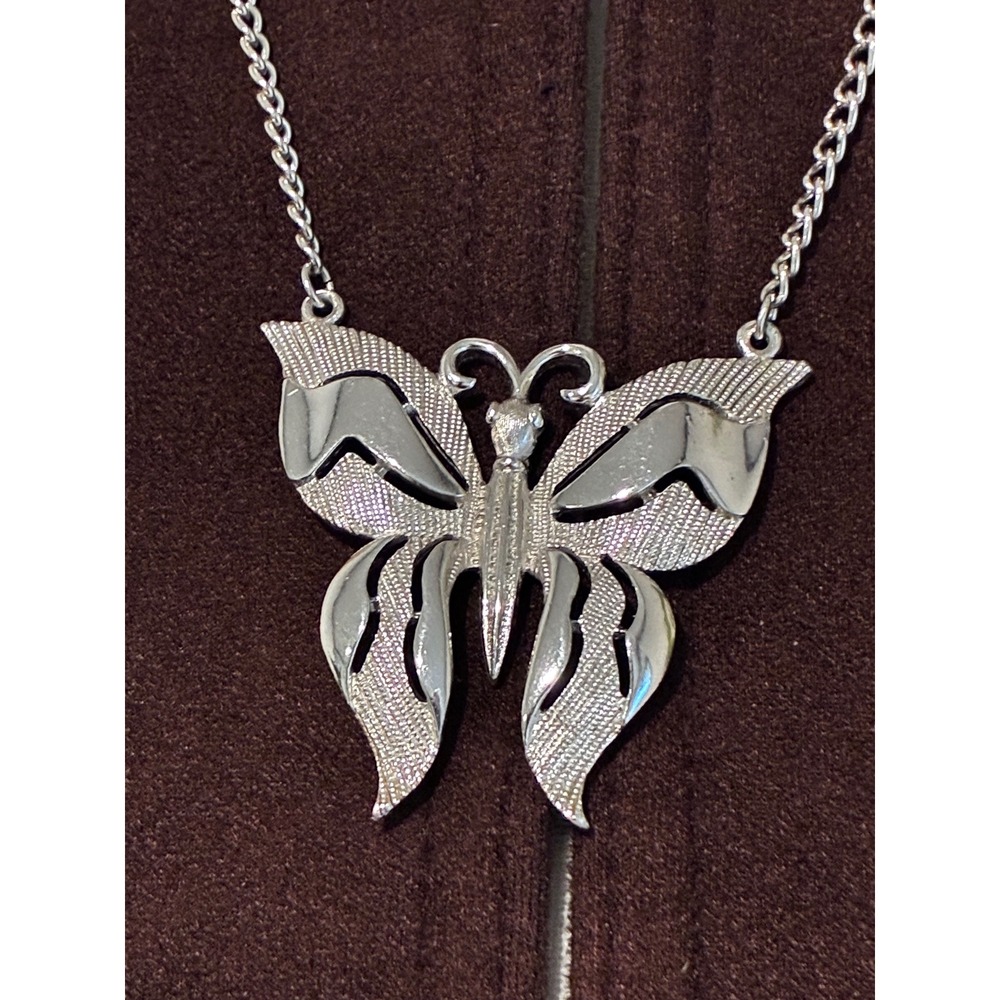 Vintage Trifari Silver Tone Butterfly Pendant Necklace Textured Statement